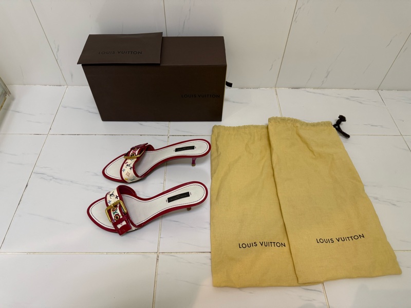 Louis Vuitton白底紅邊低跟涼鞋,尺寸38.5-1