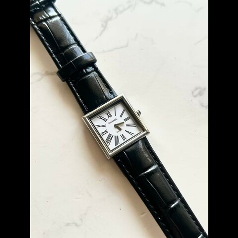 【LA LUNE】稀有中古Chanel Mademoiselle黑色石英古董錶 皮革帶 二手錶 女裝