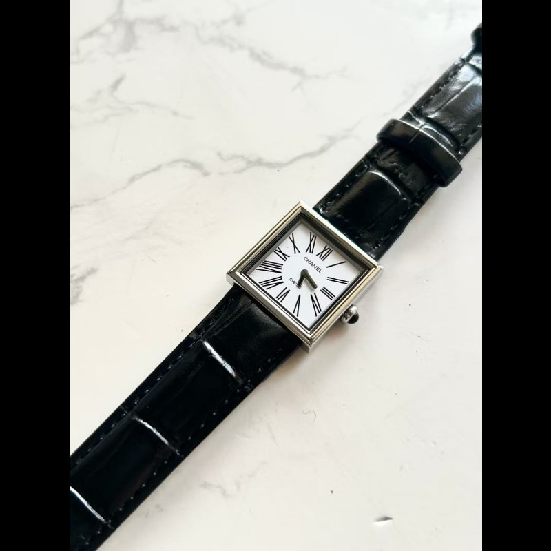 【LA LUNE】稀有中古Chanel Mademoiselle黑色石英古董錶 皮革帶 二手錶 女裝-2