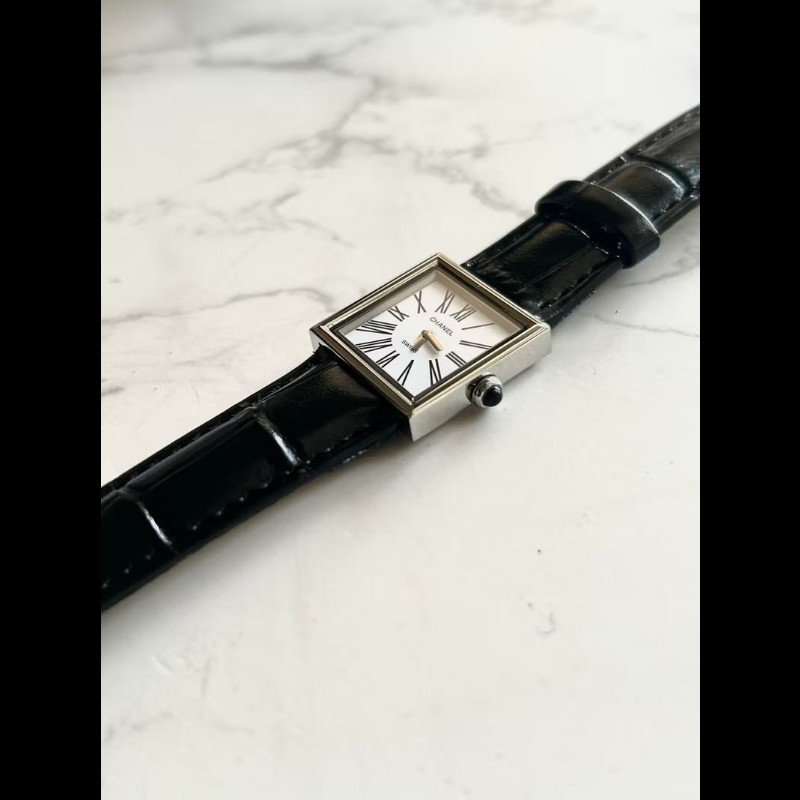 【LA LUNE】稀有中古Chanel Mademoiselle黑色石英古董錶 皮革帶 二手錶 女裝-8