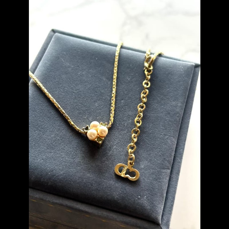 【LA LUNE】中古Dior 珍珠祖母綠水鑽復古頸鏈 項鏈 首飾飾品 二手 古董 禮物-0