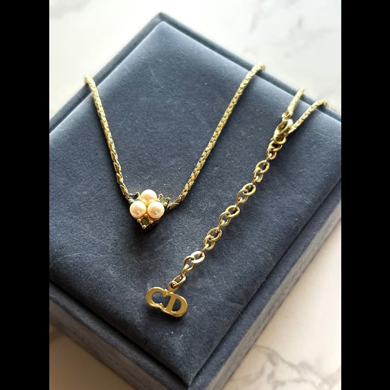 【LA LUNE】中古Dior 珍珠祖母綠水鑽復古頸鏈 項鏈 首飾飾品 二手 古董 禮物-1