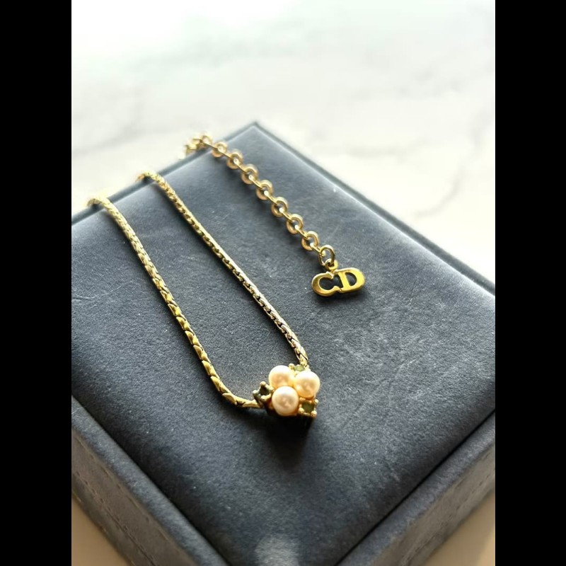 【LA LUNE】中古Dior 珍珠祖母綠水鑽復古頸鏈 項鏈 首飾飾品 二手 古董 禮物-2