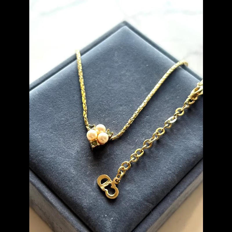 【LA LUNE】中古Dior 珍珠祖母綠水鑽復古頸鏈 項鏈 首飾飾品 二手 古董 禮物-3
