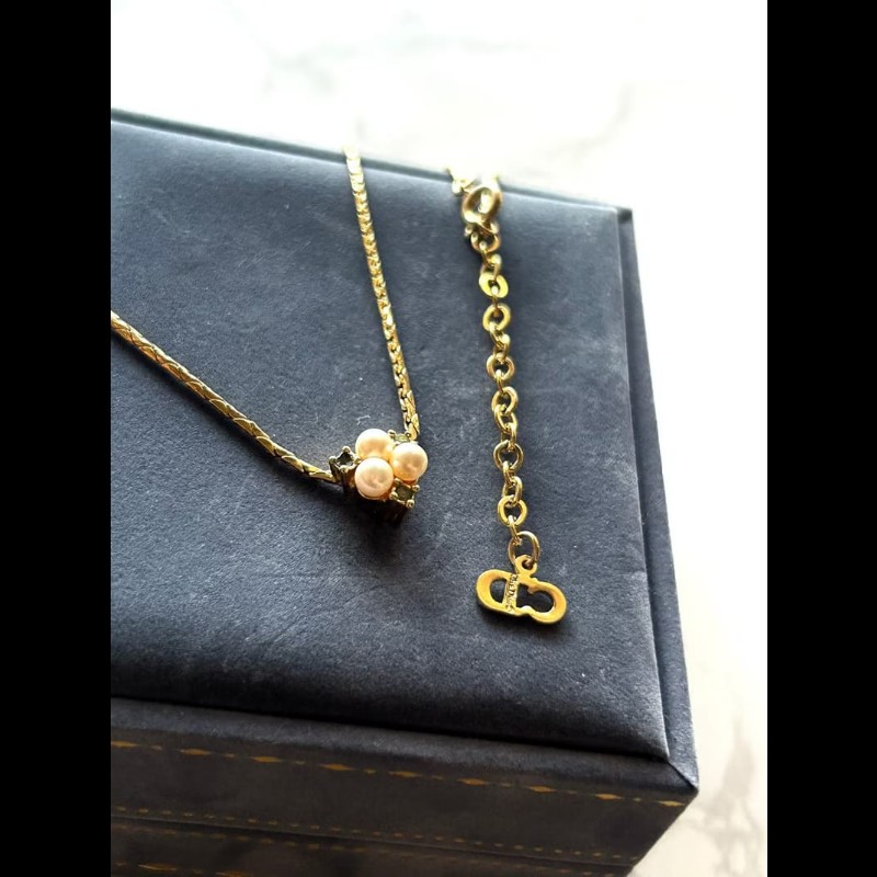 【LA LUNE】中古Dior 珍珠祖母綠水鑽復古頸鏈 項鏈 首飾飾品 二手 古董 禮物-5