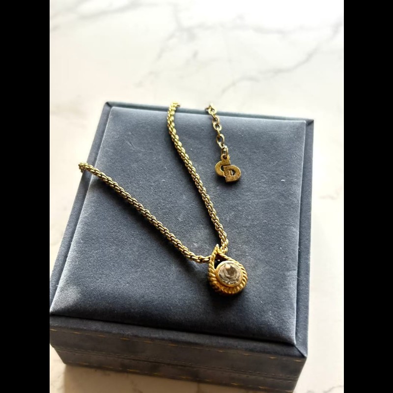 【LA LUNE】中古Dior 金色水滴水鑽復古頸鏈 項鏈 首飾飾品 二手 古董 禮物-0
