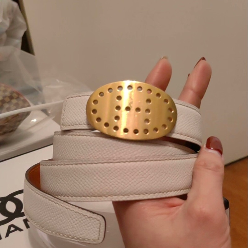 Hermès 愛馬仕 雙面皮帶 90|白×金棕|金扣雙扣組(洞洞橢圓扣+方扣)-0