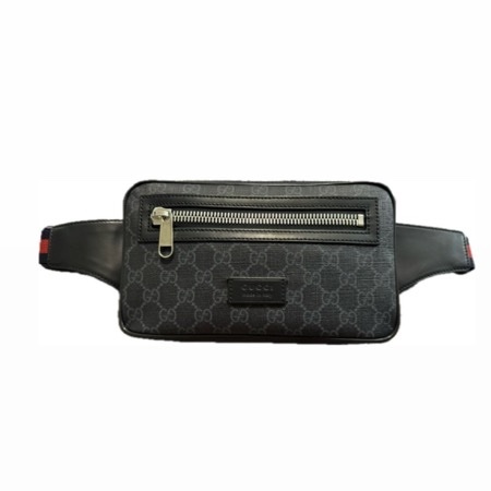 GUCCI黑色牛皮灰PVC銀錢拉鍊口袋胸包9成5【474293】
