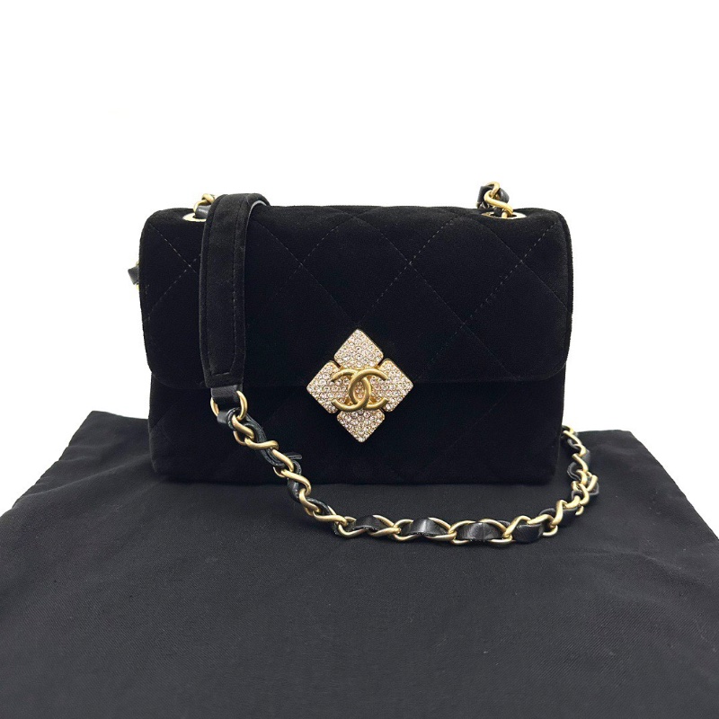 CHANEL 21A黑金絲絨鑽扣大mini鏈條肩背斜背包18*11*6 98新配件塵袋-1