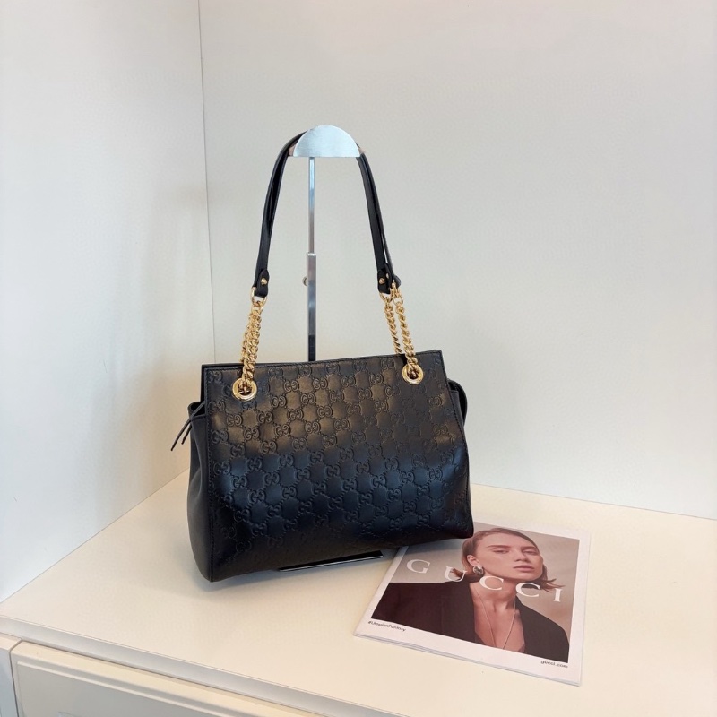 Gucci 黑銀全皮gg壓花鏈條托特包 30*24*13 98新配件塵袋-1