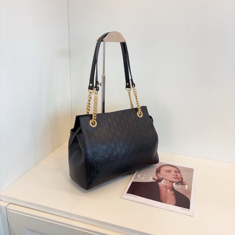 Gucci 黑銀全皮gg壓花鏈條托特包 30*24*13 98新配件塵袋-3