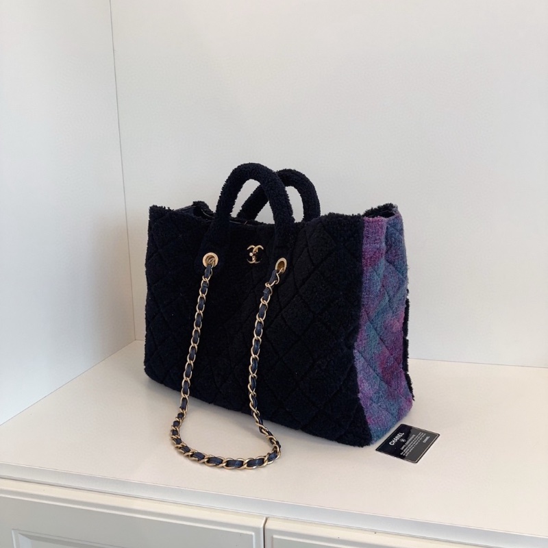Chanel 秋冬黑金拼紫色羊毛 泰迪tote 托特包42*30*13 99新配件塵袋保卡-5