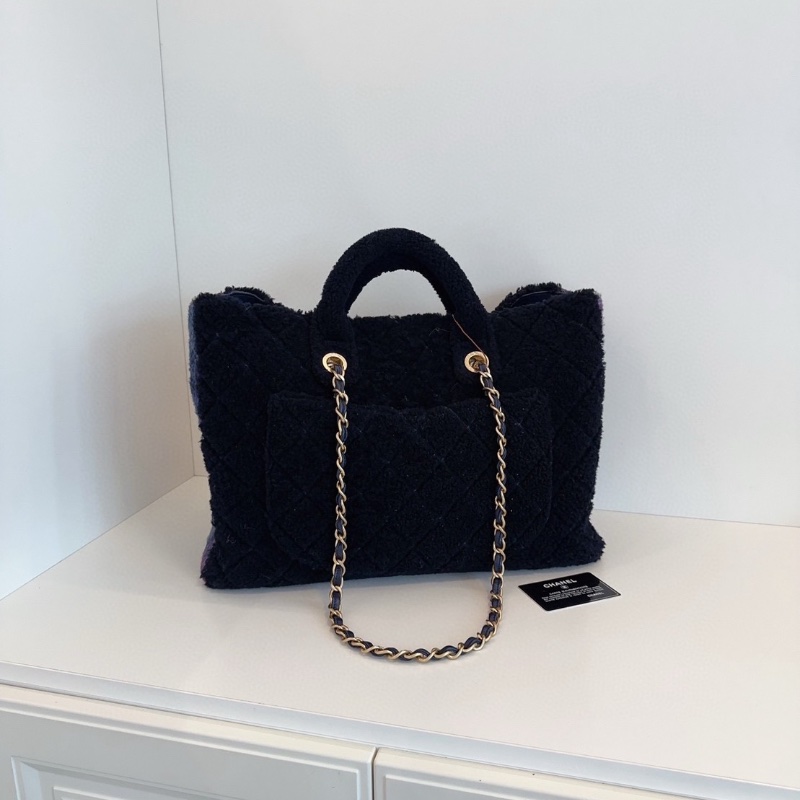 Chanel 秋冬黑金拼紫色羊毛 泰迪tote 托特包42*30*13 99新配件塵袋保卡-6