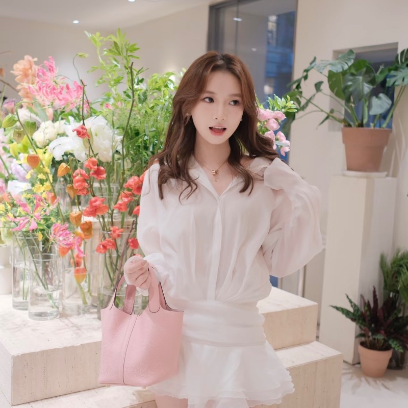 HERMES 櫻花粉銀扣菜籃子18手提袋18*18*13 99新配件盒子塵袋鎖鑰匙-0