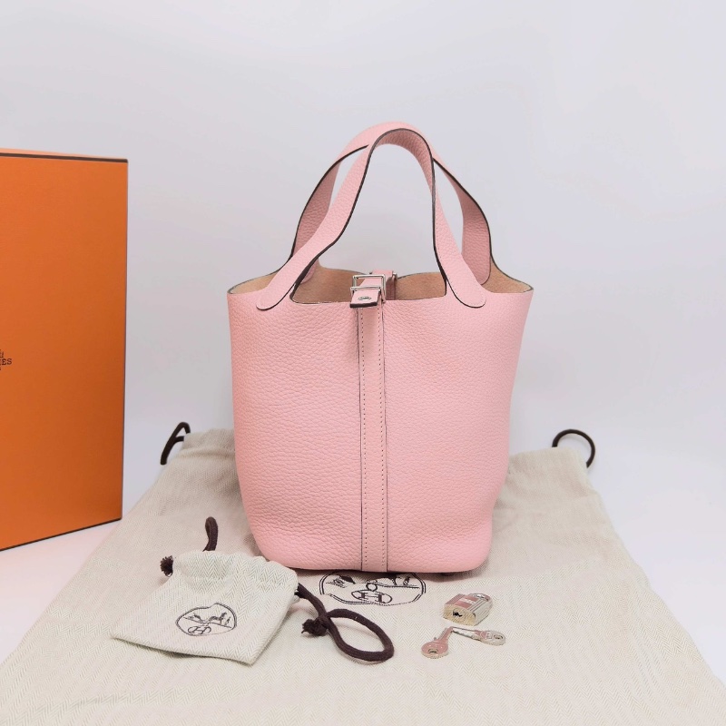 HERMES 櫻花粉銀扣菜籃子18手提袋18*18*13 99新配件盒子塵袋鎖鑰匙-1