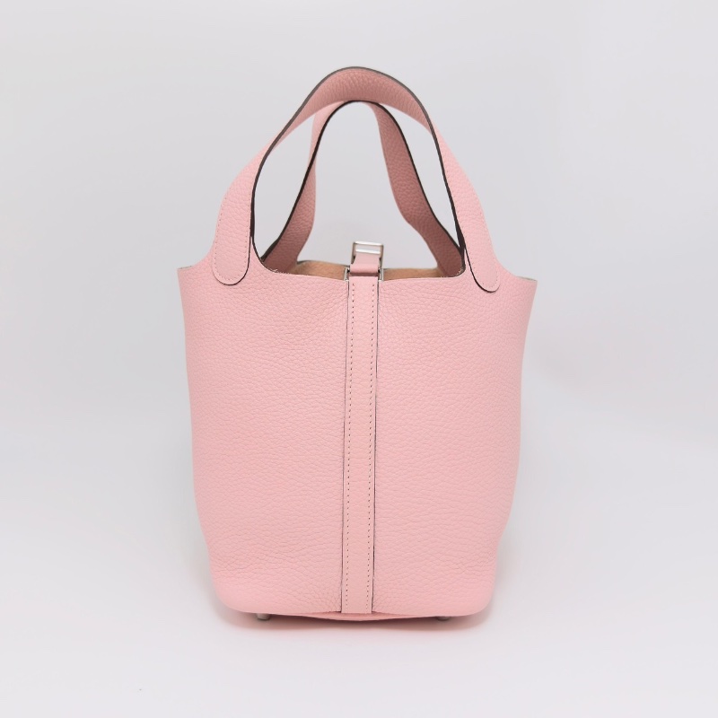 HERMES 櫻花粉銀扣菜籃子18手提袋18*18*13 99新配件盒子塵袋鎖鑰匙-6