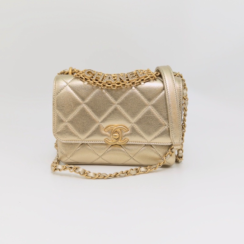 CHANEL 22S珠光金水鑽logo手柄手提肩背斜背包18*13*7 全新閒置-1