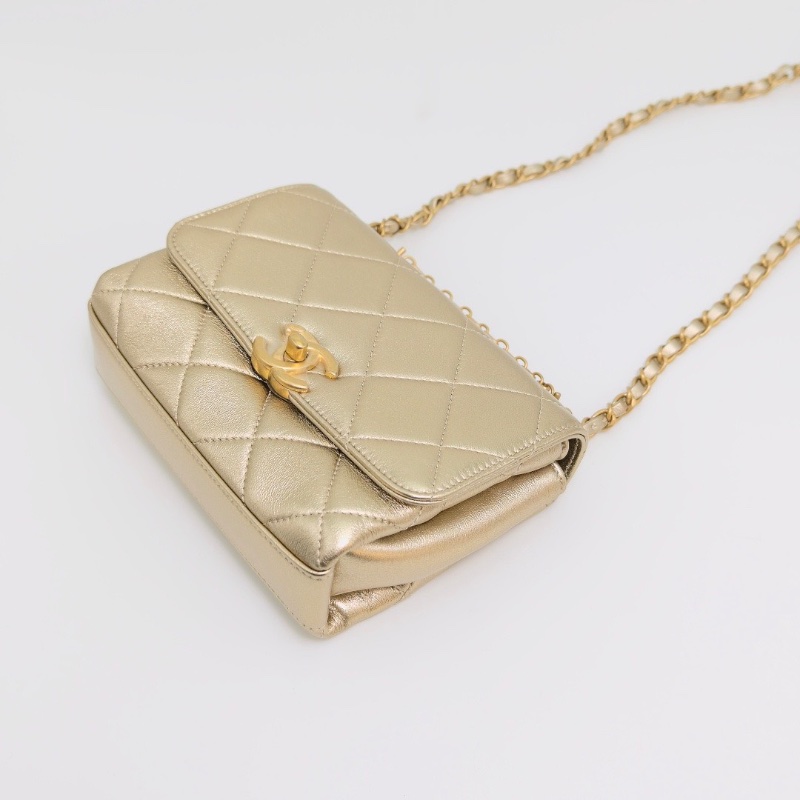 CHANEL 22S珠光金水鑽logo手柄手提肩背斜背包18*13*7 全新閒置-3