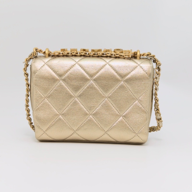CHANEL 22S珠光金水鑽logo手柄手提肩背斜背包18*13*7 全新閒置-6