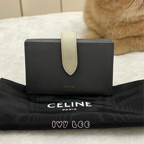 Celine 灰色米白 扣式卡包 5夾層 風琴式 正品 二手精品