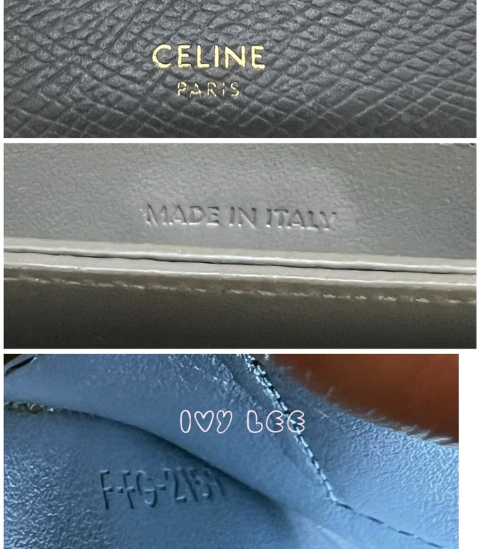 Celine 灰色米白 扣式卡包 5夾層 風琴式 正品 二手精品-13