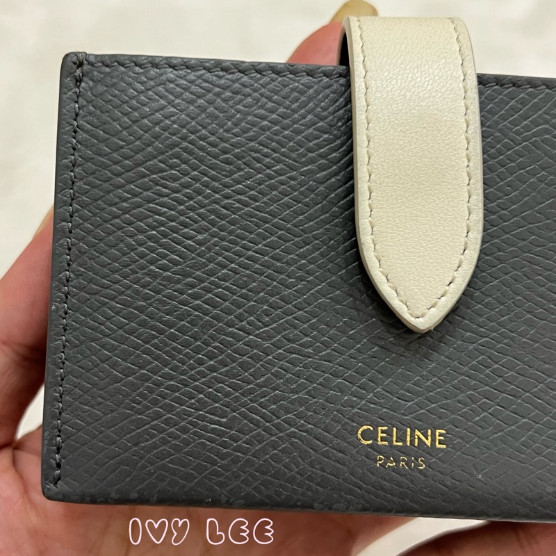 Celine 灰色米白 扣式卡包 5夾層 風琴式 正品 二手精品-23