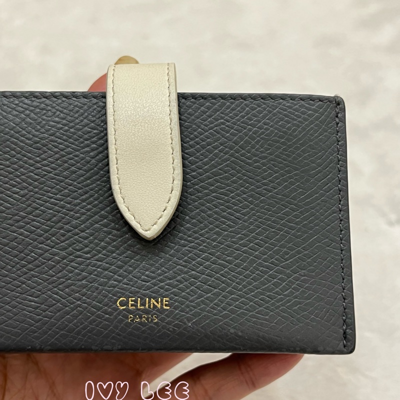 Celine 灰色米白 扣式卡包 5夾層 風琴式 正品 二手精品-24