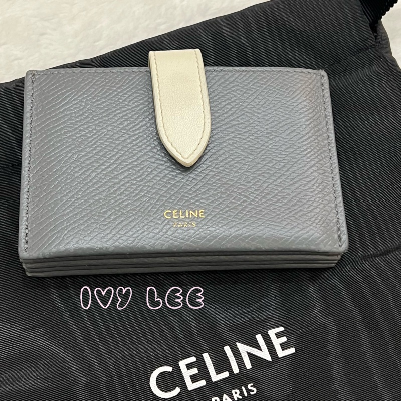 Celine 灰色米白 扣式卡包 5夾層 風琴式 正品 二手精品-25