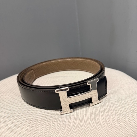 Hermes 愛馬仕 H釦頭 雙面皮帶 黑/大象灰 銀釦