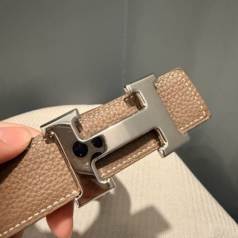 Hermes 愛馬仕 H釦頭 雙面皮帶 黑/大象灰 銀釦-19