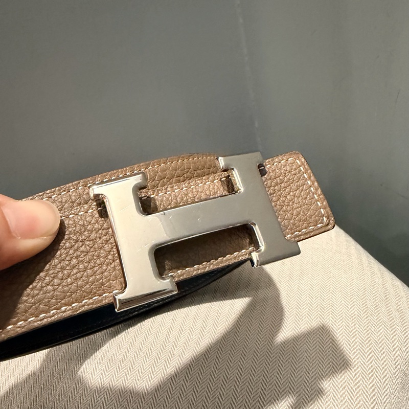 Hermes 愛馬仕 H釦頭 雙面皮帶 黑/大象灰 銀釦-20