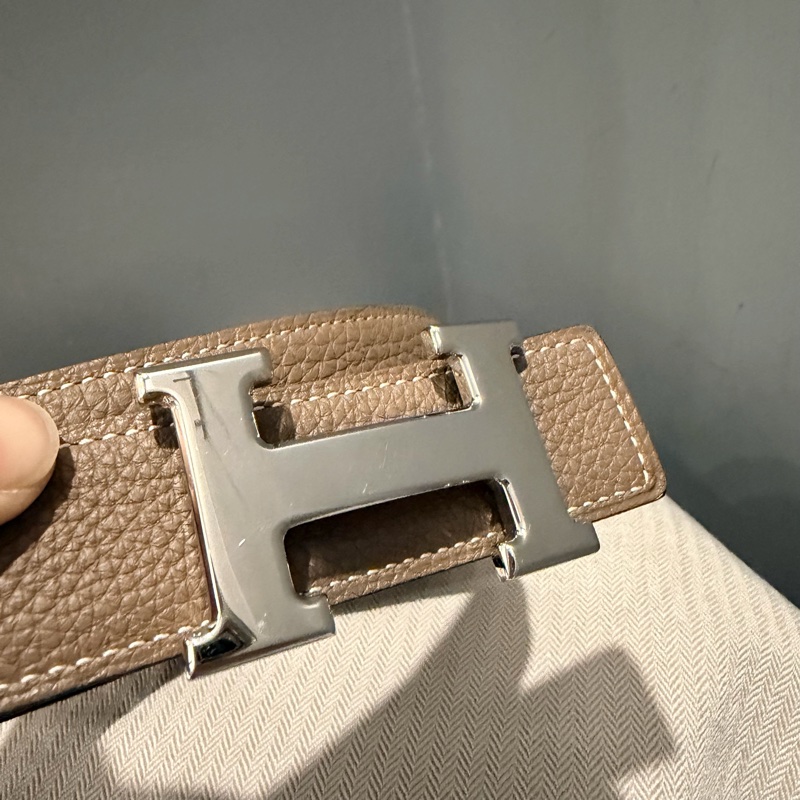 Hermes 愛馬仕 H釦頭 雙面皮帶 黑/大象灰 銀釦-23
