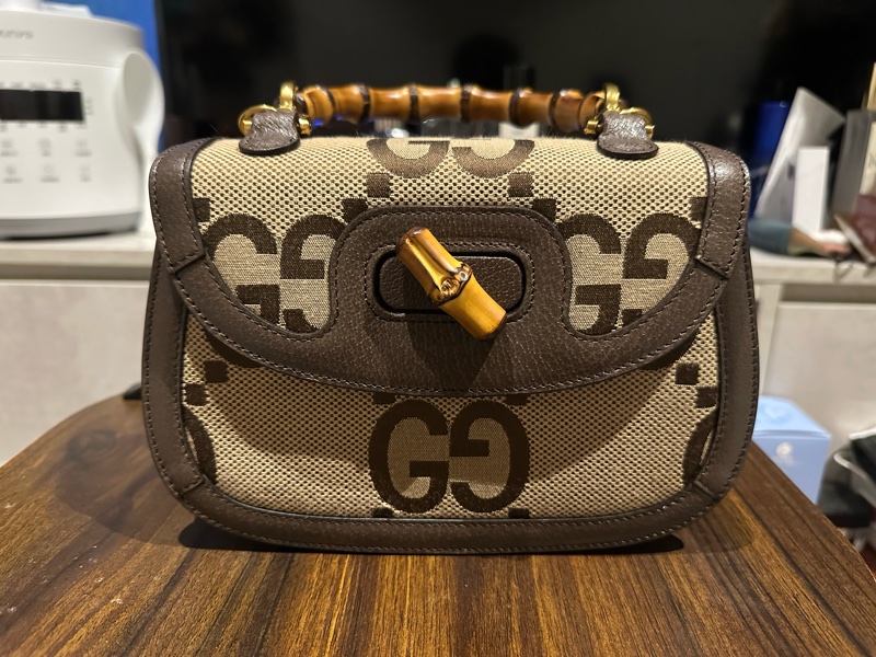 22弄 近全新 GUCCI Bamboo 1947 大標誌 大logo 竹節手提包 兩用 竹節 小包 側背包 斜背包-0