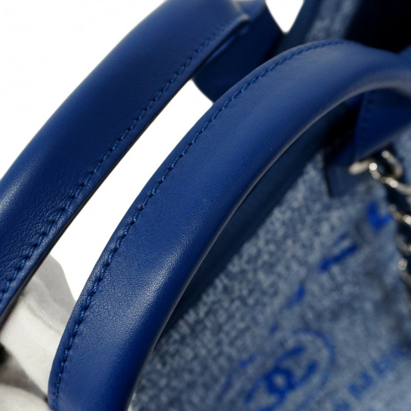 香奈兒 Deauville 斜紋軟呢鏈條手提包,藍色,女士兩用包-6