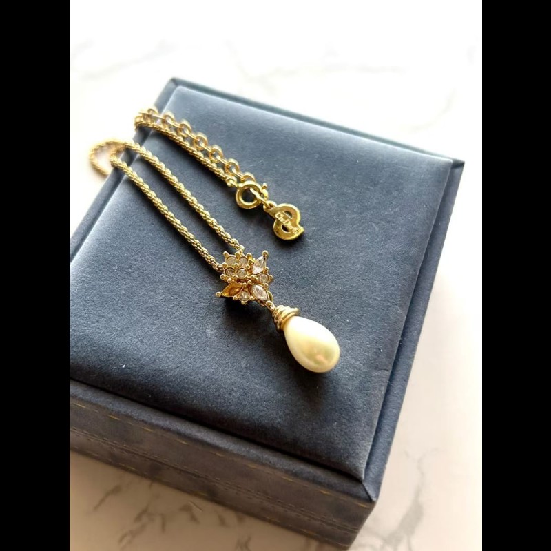 【LA LUNE】中古Dior 金色珍珠水滴復古頸鏈 項鏈 首飾飾品 二手 古董 禮物-0