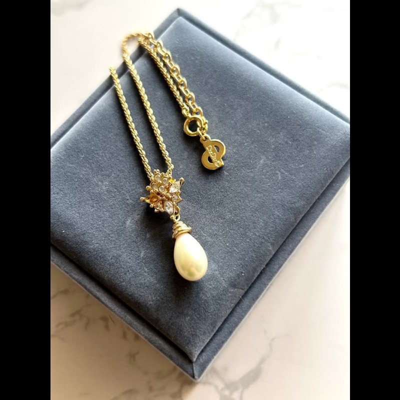 【LA LUNE】中古Dior 金色珍珠水滴復古頸鏈 項鏈 首飾飾品 二手 古董 禮物-1