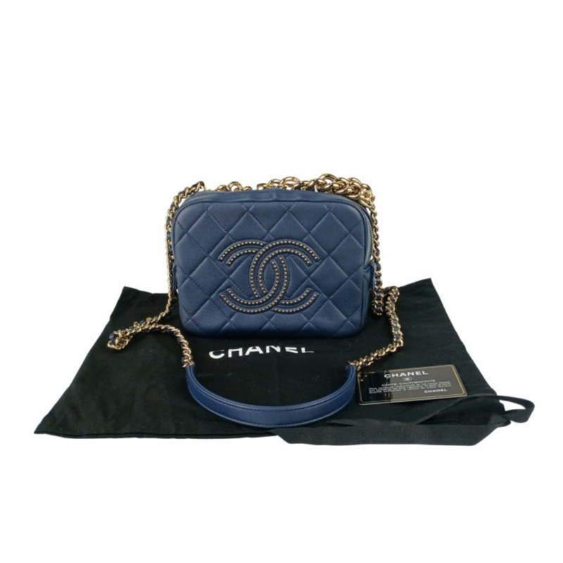 香奈兒小型化妝箱單肩包 AS1513 海軍藍羊皮配絎縫鉚釘-9