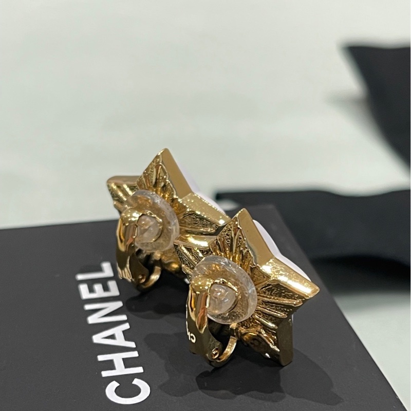 Chanel - 24c 珠母貝星星 cc 水鑽 耳夾-5