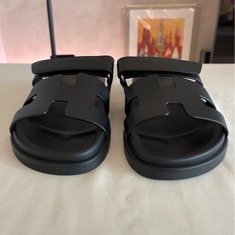   Hermes - Chypre 經典款黑滑牛皮 二舅拖鞋 女版40號-1