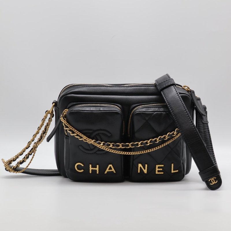 CHANEL 雙口袋炸藥包 - 小號黑金-0