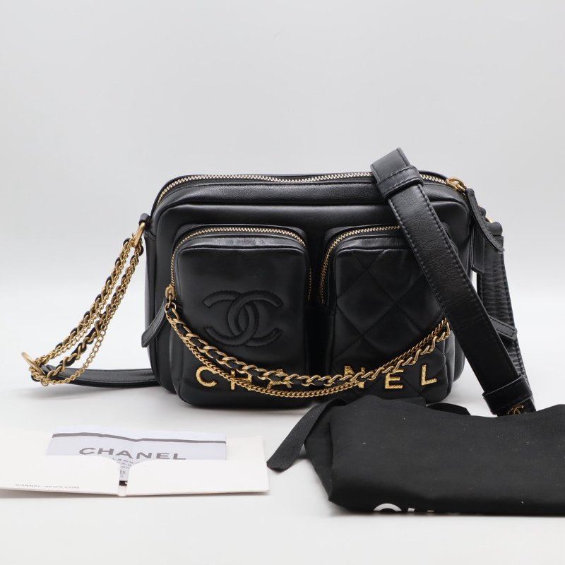 CHANEL 雙口袋炸藥包 - 小號黑金-10