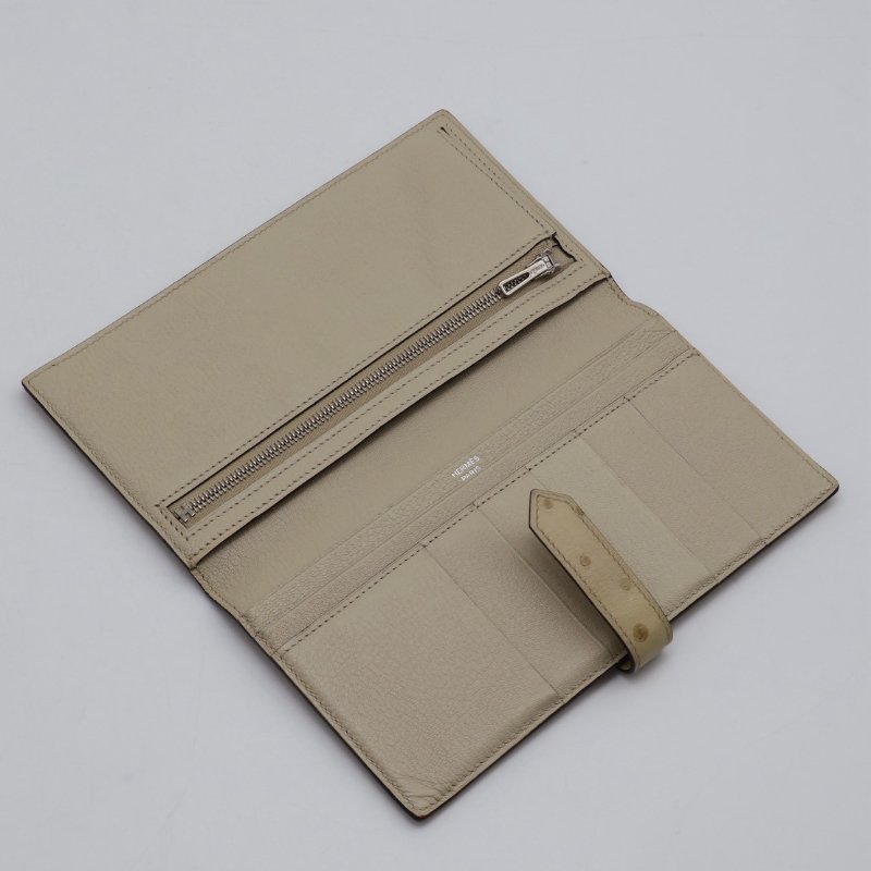 HERMES Bearn雙折長夾 - 鴕鳥皮羊毛白銀 X-2