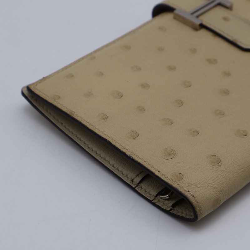 HERMES Bearn雙折長夾 - 鴕鳥皮羊毛白銀 X-6