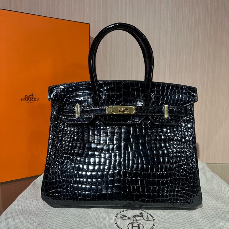 HERMES愛馬仕 Birkin30金扣 倒V鰐魚皮 鉑金包手提包 亮黑色-0
