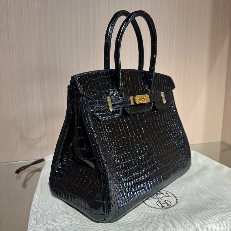 HERMES愛馬仕 Birkin30金扣 倒V鰐魚皮 鉑金包手提包 亮黑色-1
