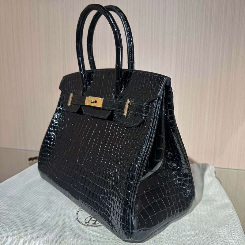 HERMES愛馬仕 Birkin30金扣 倒V鰐魚皮 鉑金包手提包 亮黑色-2