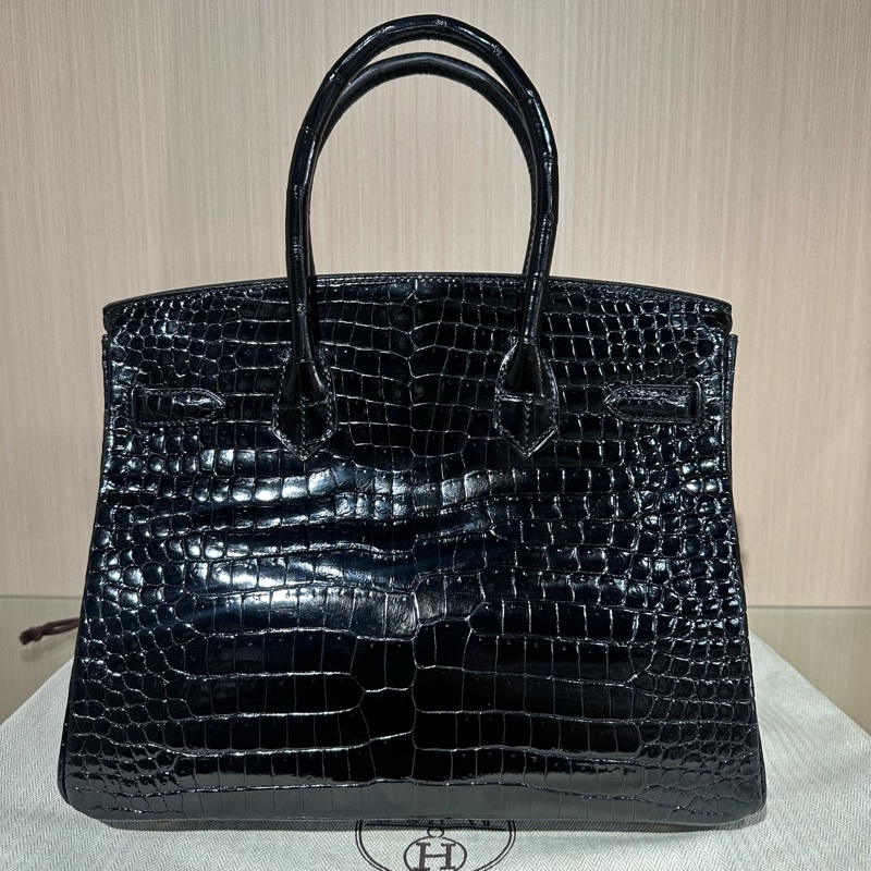 HERMES愛馬仕 Birkin30金扣 倒V鰐魚皮 鉑金包手提包 亮黑色-3