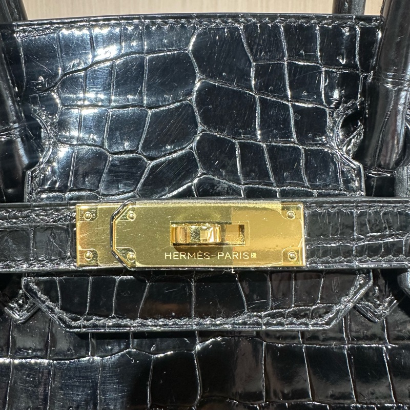 HERMES愛馬仕 Birkin30金扣 倒V鰐魚皮 鉑金包手提包 亮黑色-5
