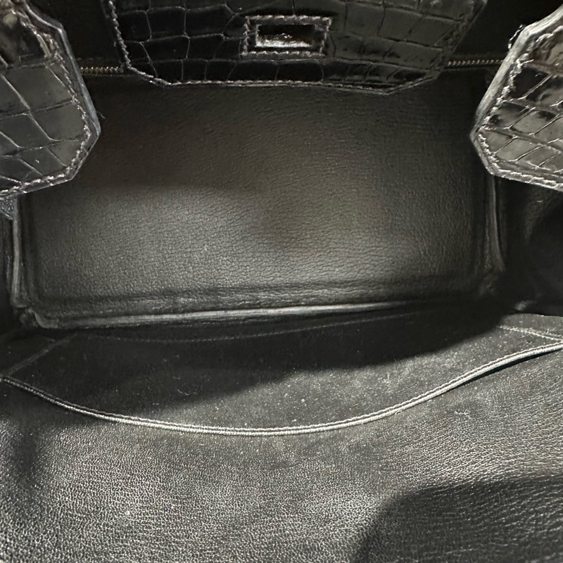 HERMES愛馬仕 Birkin30金扣 倒V鰐魚皮 鉑金包手提包 亮黑色-7