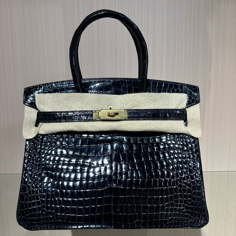 HERMES愛馬仕 Birkin30金扣 倒V鰐魚皮 鉑金包手提包 亮黑色-9